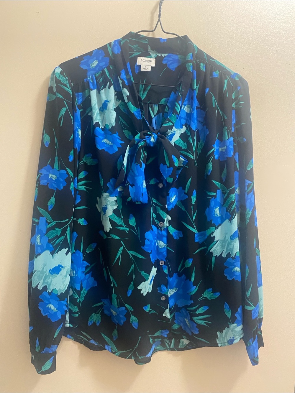 J. Crew Black Blouse with Blue & Teal Floral Tie Neck